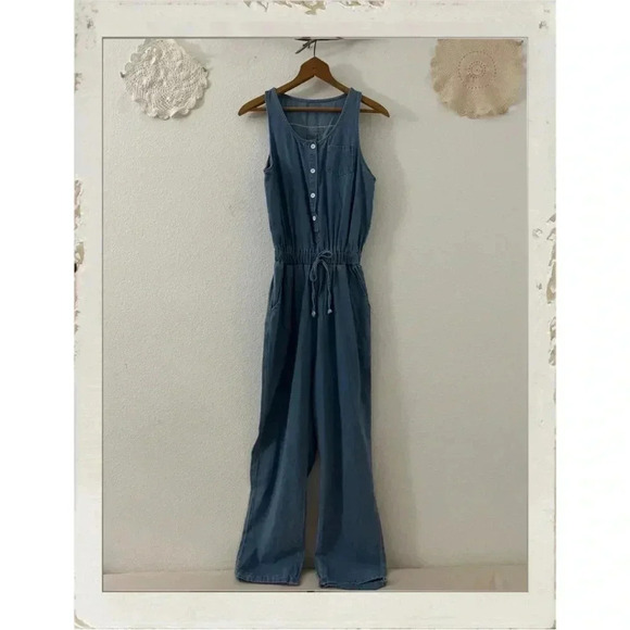 Vintage Blue Denim Baggy Button Festival Hippie Wide Leg Overalls Jumpsuit - Picture 1 of 1